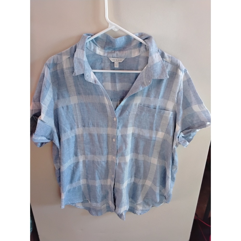 Lucky Brand Womens XL Blue White Plaid Linen Blend Short Sleeve Button Up Shirt